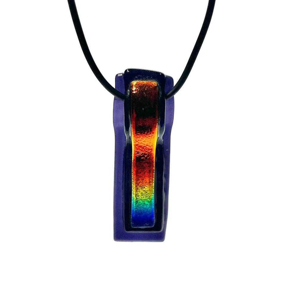LGBTQ Pride Rainbow Dichroic Glass Pendant Necklace Black Fused Glass Art‎